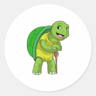 Pegatina Redonda Tortuga como pensionista con palo