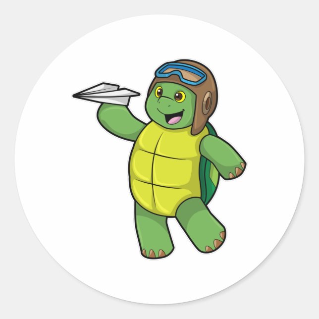 Pegatina Redonda Tortuga como piloto con plano de papel (Anverso)
