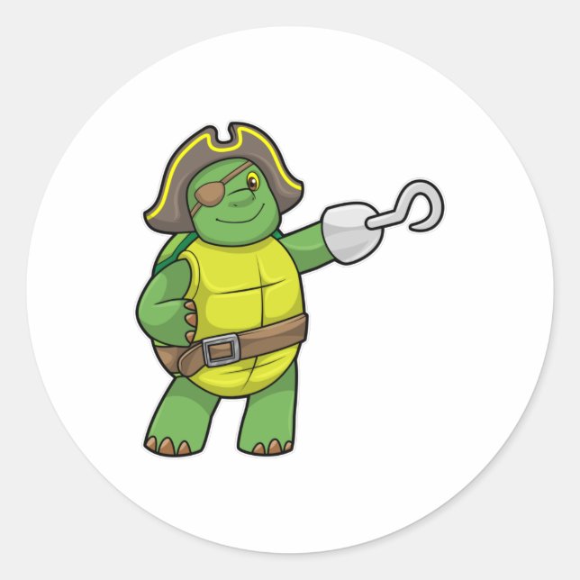 Pegatina Redonda Tortuga como pirata con mango y parche de ojos eng (Anverso)
