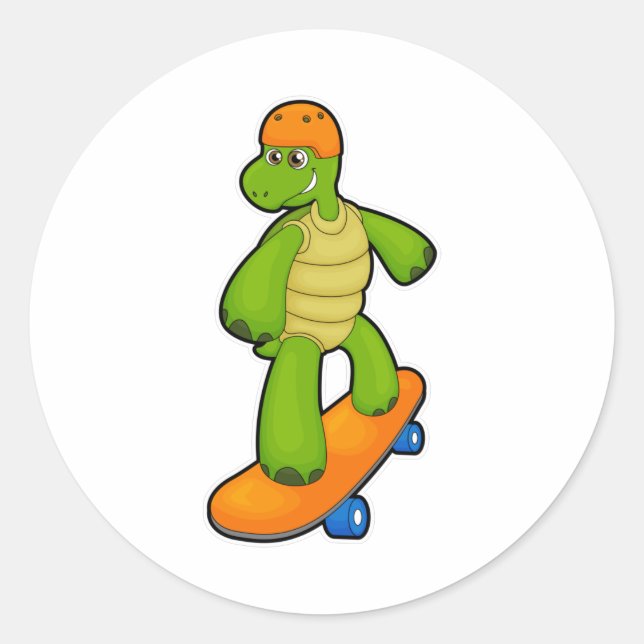Pegatina Redonda Tortuga como Skateboarder con Skateboard y Casco (Anverso)