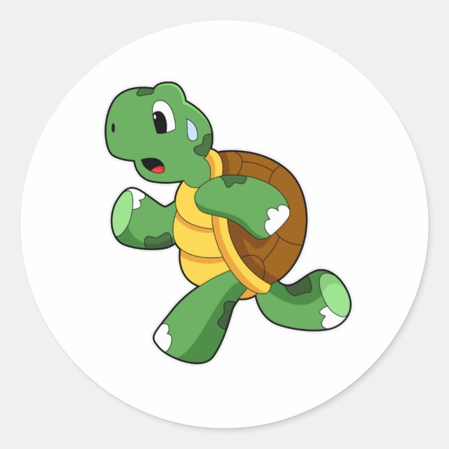 Pegatina Redonda Tortuga como trotamundos en carrera (Anverso)