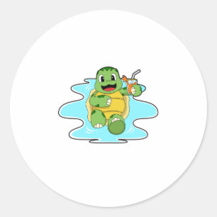 Pegatina Redonda Tortuga con bebida en el agua