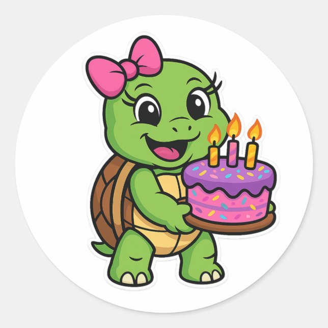 Pegatina Redonda Tortuga con pastel de cumpleaños (Anverso)