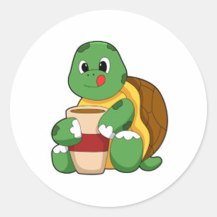 Pegatina Redonda Tortuga con taza de café