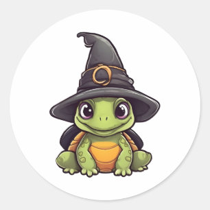 Pegatina Redonda Tortuga de Halloween con un gorra de brujas.