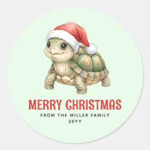 Pegatina Redonda Tortuga de Navidad con sombrero de Santa en acuare