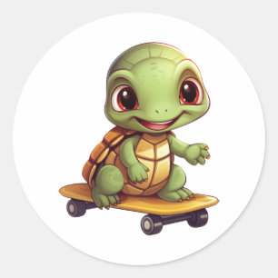 Pegatina Redonda Tortuga de patinaje, diseño de animales atléticos