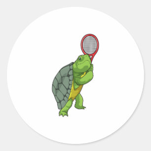 Pegatina Redonda Tortuga de tenis con raqueta de tenis