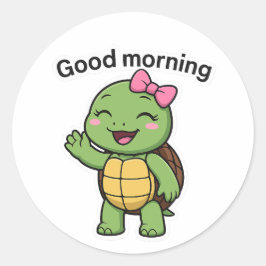 Pegatina Redonda Tortuga diciendo Buenos Días
