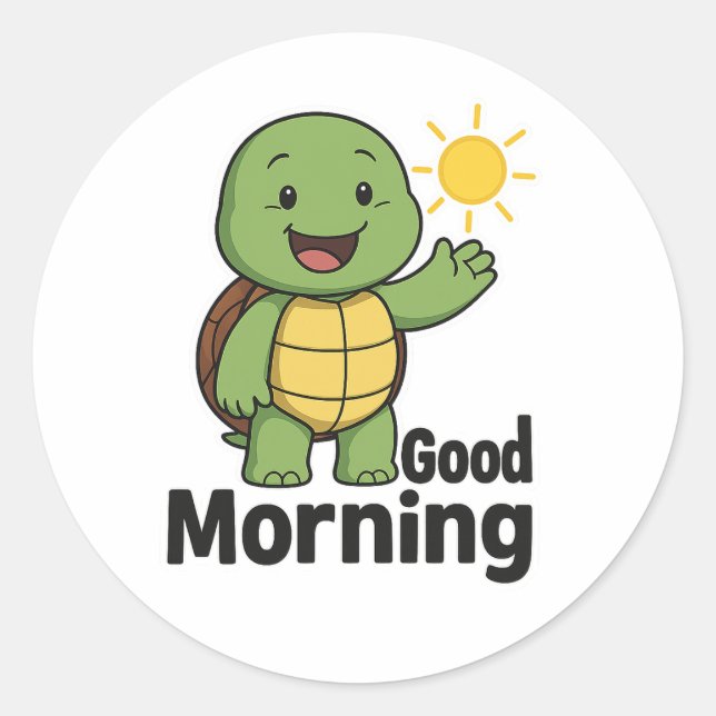 Pegatina Redonda Tortuga diciendo Buenos Días (Anverso)