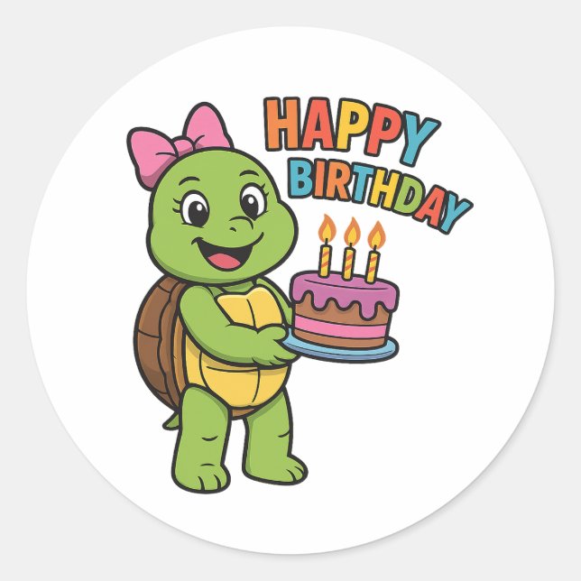 Pegatina Redonda Tortuga diciendo Feliz Cumpleaños (Anverso)