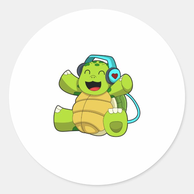 Pegatina Redonda Tortuga en la música con auriculares (Anverso)