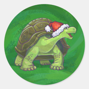 Pegatina Redonda Tortuga en Santa Hat en Green