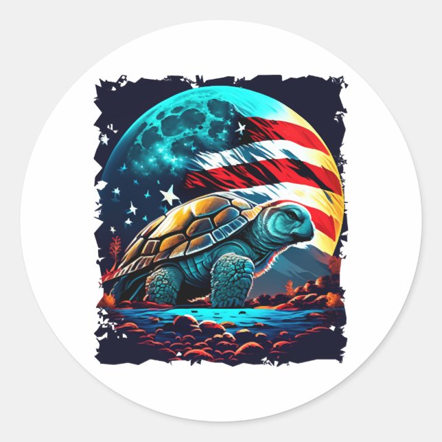 Pegatina Redonda Tortuga estadounidense bajo la luna con bandera es (Anverso)