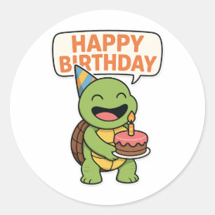 Pegatina Redonda Tortuga Feliz Cumpleaños