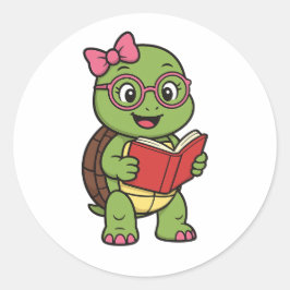 Pegatina Redonda Tortuga leyendo un libro