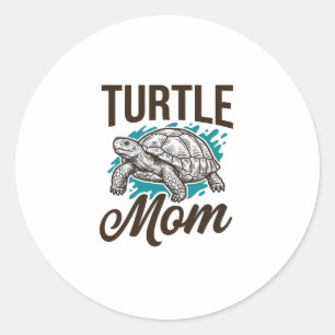 Pegatina Redonda Tortuga Mamá Diseño Vectorial de Grabado Vintage_1