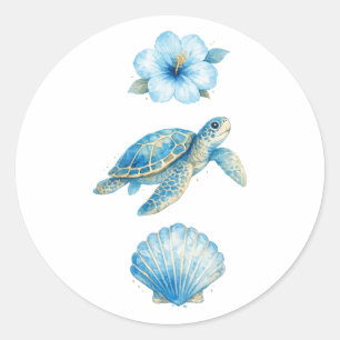 Pegatina Redonda Tortuga marina acuarela azul y elementos costeros