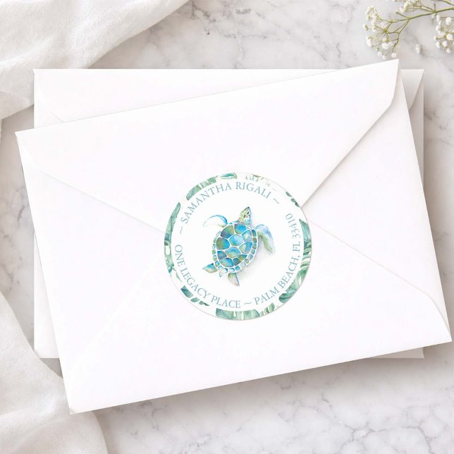Pegatina Redonda Tortuga Marina Acuarela Dirección de Devolución de (Round sea turtle return address labels designed with hand painted tropical watercolor art)