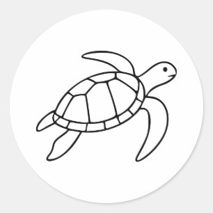 Pegatina Redonda Tortuga Marina Arte de Línea – Animal Marino Minim