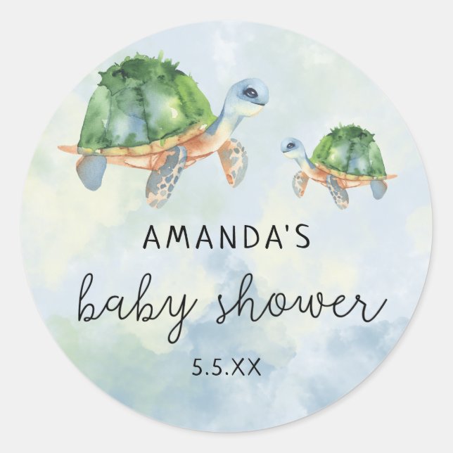 Pegatina Redonda Tortuga marina - baby shower  (Anverso)