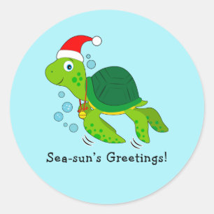 Pegatina Redonda Tortuga marina en vacaciones en Navidades del océa