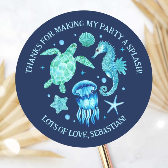 Pegatina Redonda Tortuga marina, medusa y marmita acuática (Sea Turtle, Jellyfish and Seahorse Watercolor Navy Classic Round Sticker)