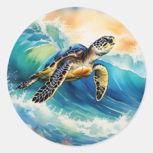 Pegatina Redonda Tortuga marina montando una vibrante ola de agua
