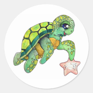 Pegatina Redonda Tortuga marina y pez estrella