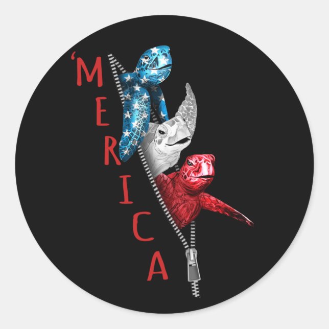 Pegatina Redonda Tortuga Merica De Tortuga En La Bandera Estadounid (Anverso)