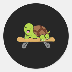 Pegatina Redonda Tortuga Monada En Patineta Tortuga De Monopatín