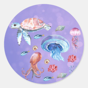 Pegatina Redonda Tortuga Octopus Jellyfish Natación