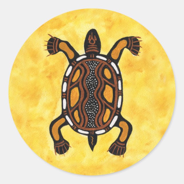 Pegatina Redonda Tortuga - Pintura de arte inspirada en los aboríge (Anverso)