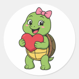 Pegatina Redonda Tortuga sosteniendo un corazón