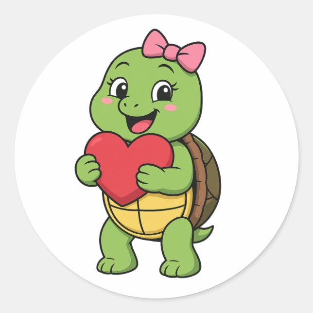Pegatina Redonda Tortuga sosteniendo un corazón (Anverso)