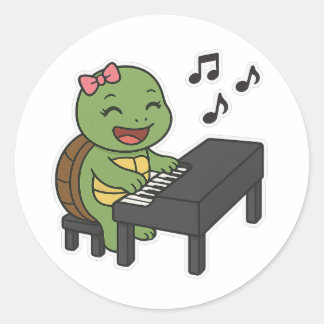 Pegatina Redonda Tortuga tocando el piano