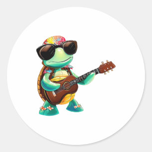 Pegatina Redonda Tortuga tropical con guitarra