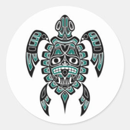 Pegatina Redonda Tortuga verde azulada azul y negra del espíritu ha