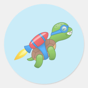 Pegatina Redonda Tortuga voladora con una jetaca roja azul