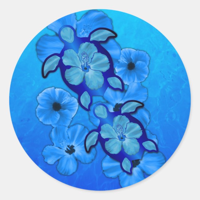 Pegatina Redonda Tortugas Azules Hibiscus Y Honu (Anverso)