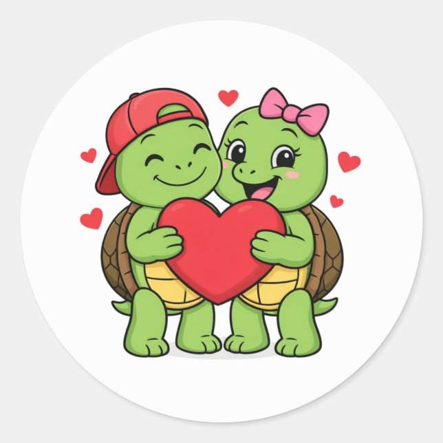 Pegatina Redonda Tortugas con corazón en mano (Anverso)