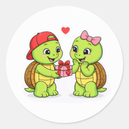 Pegatina Redonda Tortugas intercambiando un regalo de amor