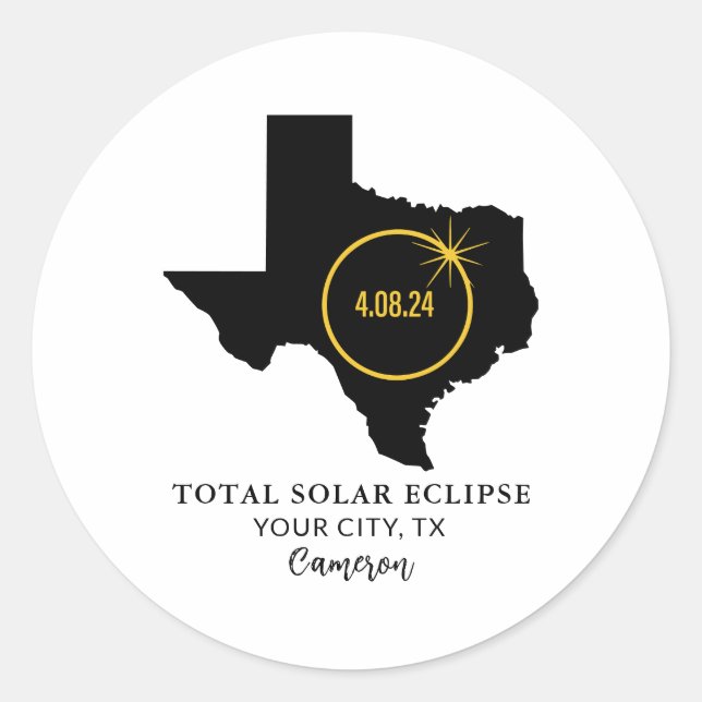 Pegatina Redonda Total de eclipse solar 2024 Nombre personalizado,  (Anverso)