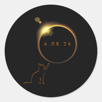 Pegatina Redonda Total Eclipse solar Cat Abril 8 2024 Totalidad