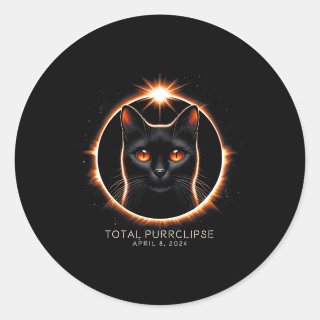 Pegatina Redonda Total Eclipse Solar Fun Purrclipse Cat Con Fecha (Anverso)