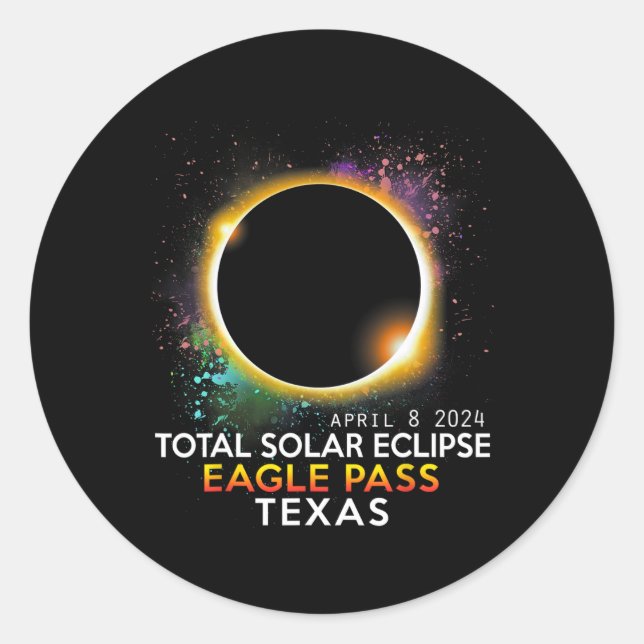 Pegatina Redonda Total Eclipse solar total Eagle Pass Texas abril (Anverso)