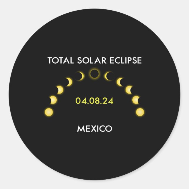 Pegatina Redonda Totalidad Eclipse solar Eclipse Fases México Abril (Anverso)