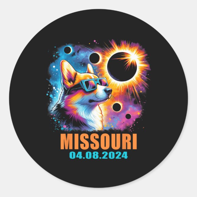 Pegatina Redonda Totalidad Eclipse solar total 2024 Missouri Corgi  (Anverso)