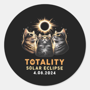 Pegatina Redonda Totalidad Tres Gatos Con Gafas Eclipse Solar