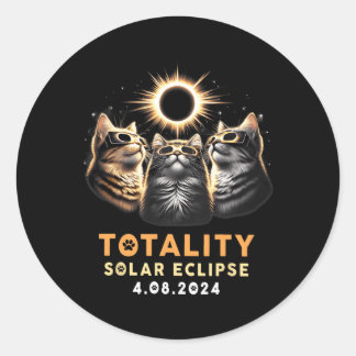 Pegatina Redonda Totalidad Tres Gatos Con Gafas Eclipse Solar